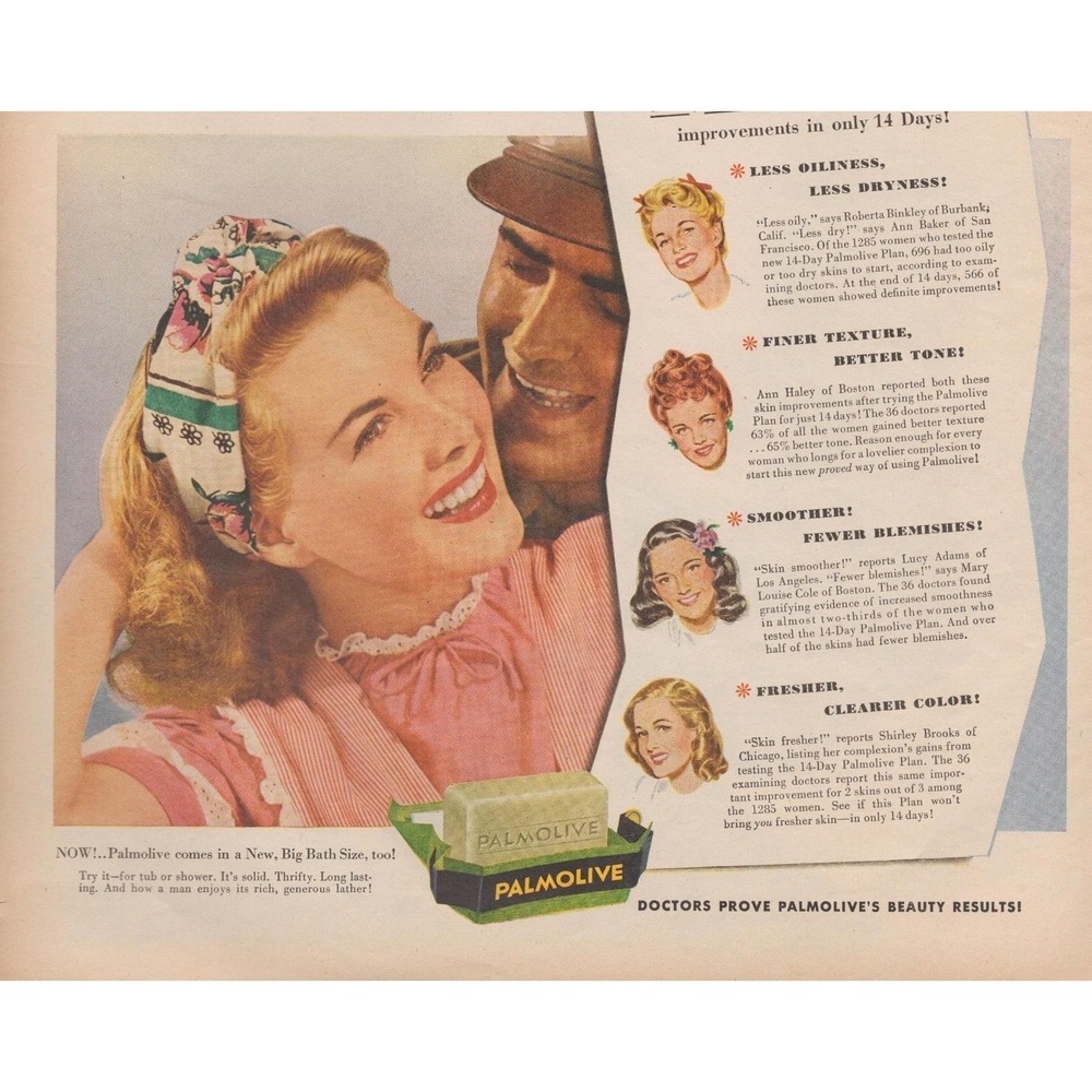 Vintage‎ 1945 Palmolive Soap Print Ad Lovelier Skin Beauty WW2 Era Cosmetics